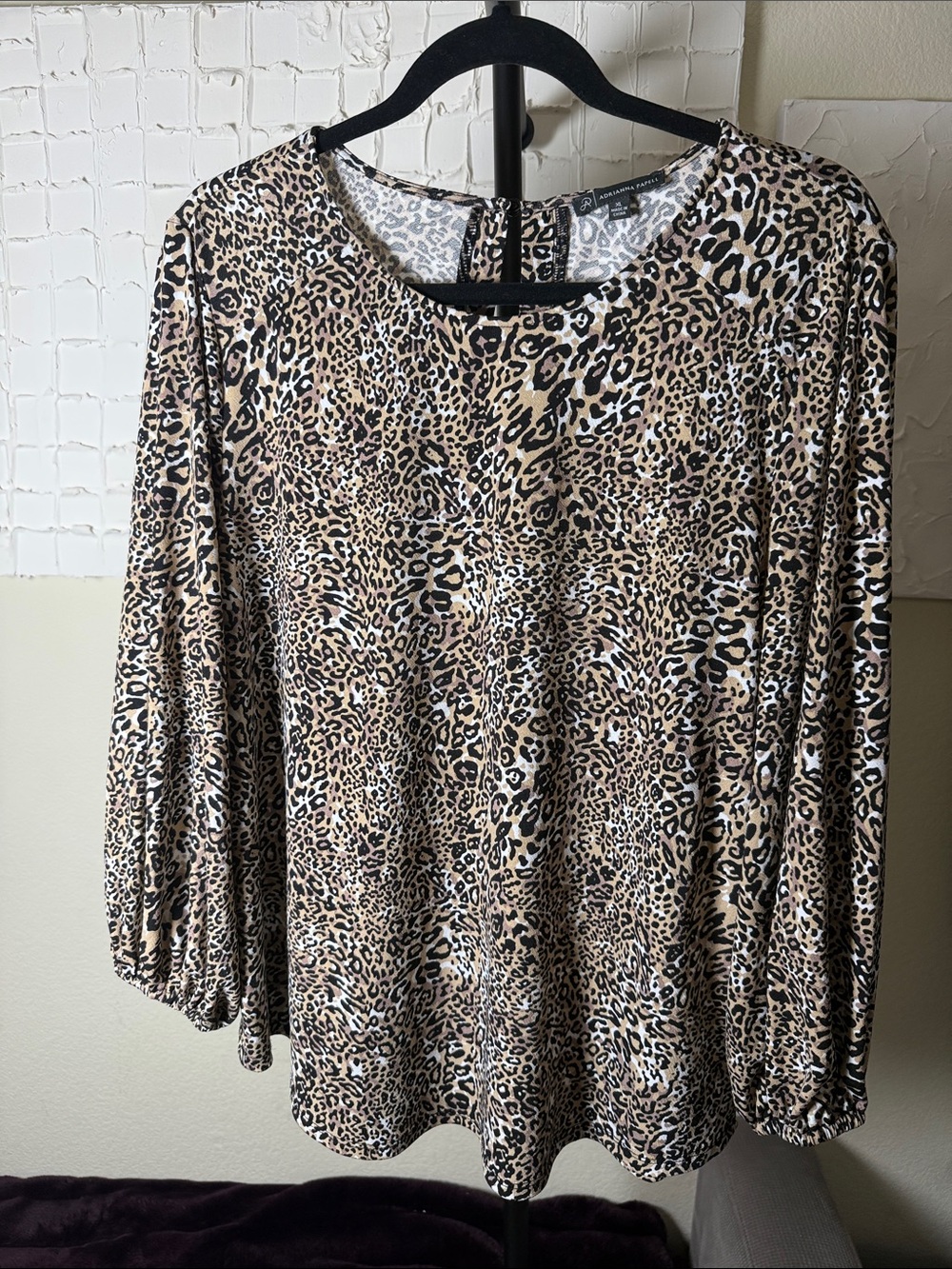 Adrianna Papell Leopard Print Blouse XL 3/4 Sleeve Animal Print Top